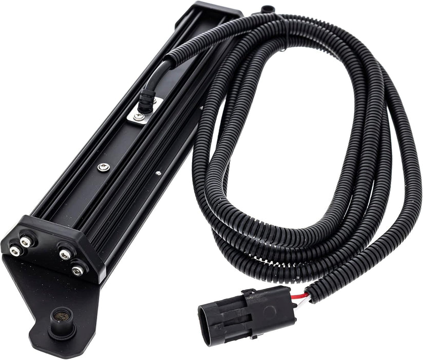 Black metal light bar with coiled cable on a white background