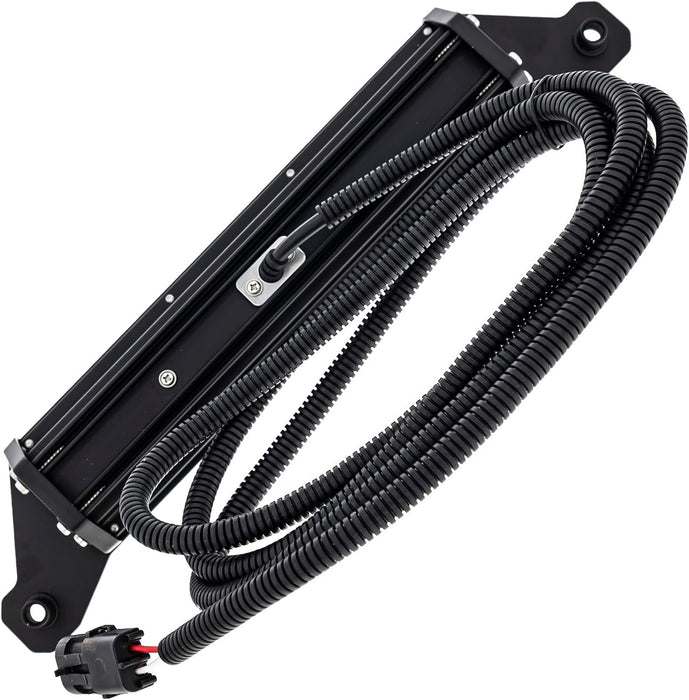 Black metal bracket with coiled black cable on a white background