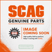 Promotional graphic for SCAG genuine parts with large orange 'SCAG' text, black 'GENUINE PARTS' text, a SCAG genuine parts badge, and the message 'IMAGE COMING SOON' on a white background with orange accents.